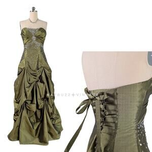 Y2K Prom Dress Maxi Gown 8 Green Fairy Princess Floral Ruffle Bead Tiana Glam